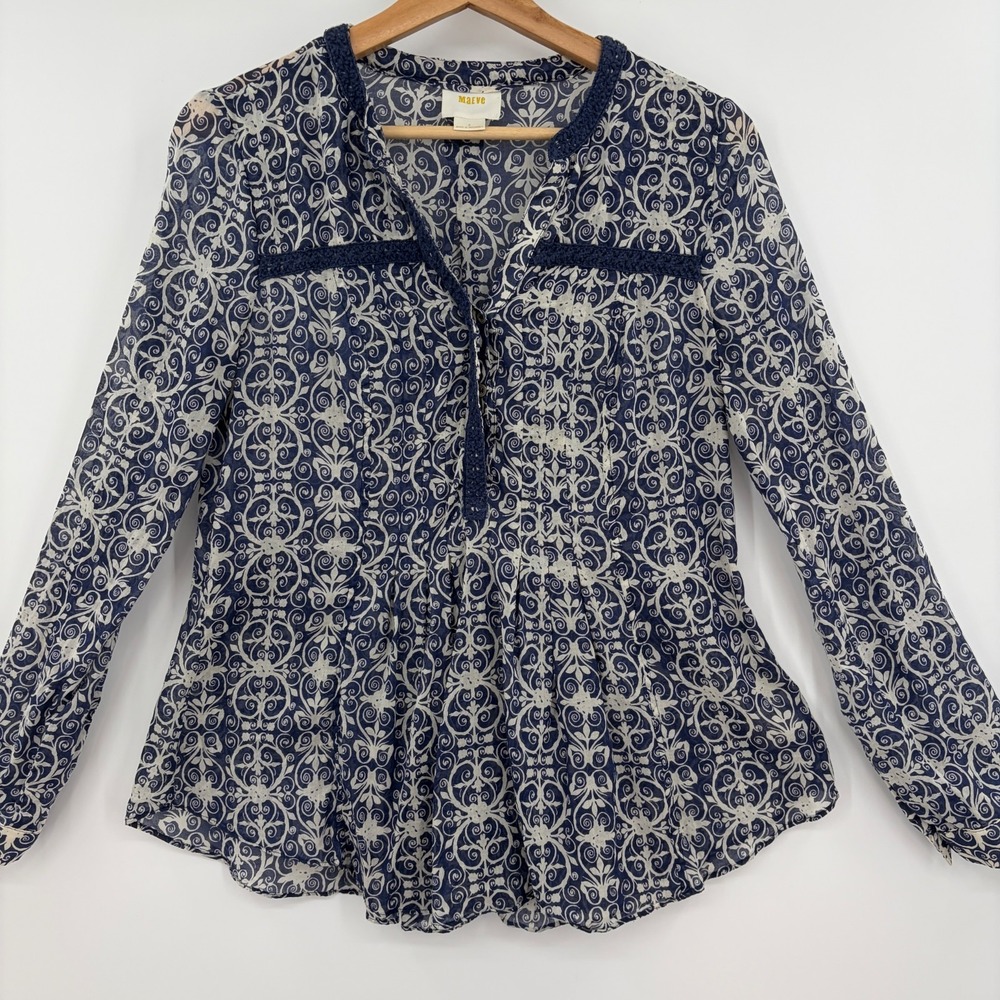 Anthropologie Maeve Abella Pintuck Crochet Trim Boho Peplum Blouse Womens Size 4